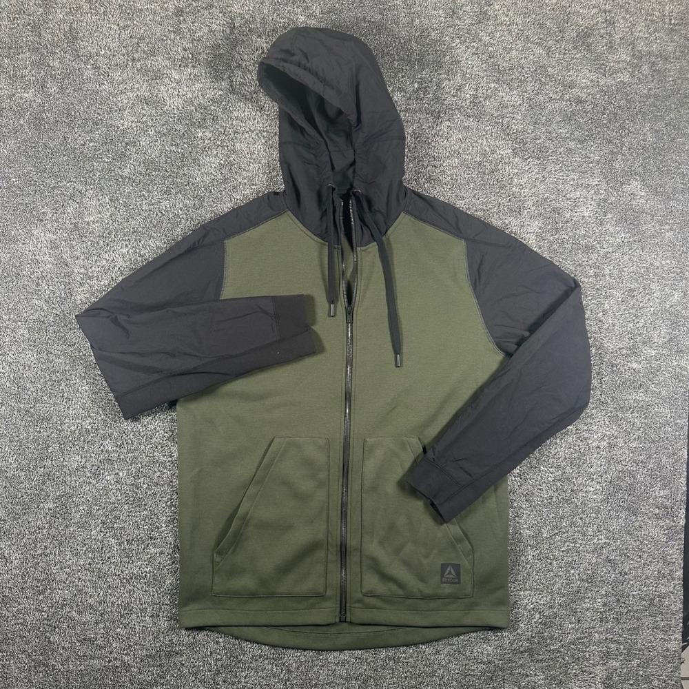 Reebok Hoodie Mens Large Green Black Full Zip Mixed Media Woven Overlay Active